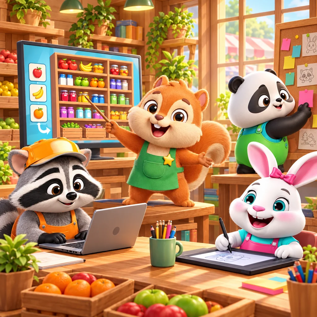 The Acorn Mart cast at work in a cozy studio: the squirrel points at a puzzle on a big screen, the raccoon codes, the bunny draws and the panda plans.